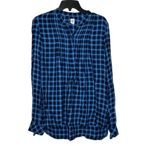 Gap Blue Plaid Pintuck Flowy‎ Preppy Blouse Long Sleeve Front Button Women Small